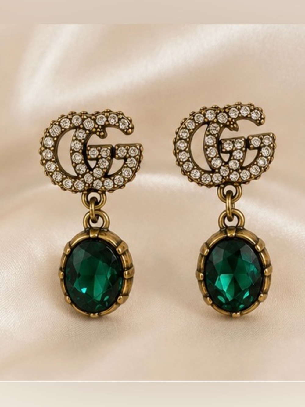 Vintage Gold Tone Green Crystal Drop Earrings | Elegant Rhinestone Statements